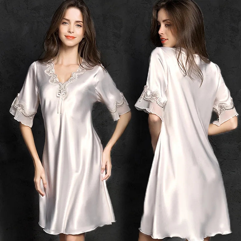Spring Summer Ladies Nightdress Imitation Silk Thin Section Home Service Sexy Sleepwear Women Night Gown Sleep Tops Nightwear