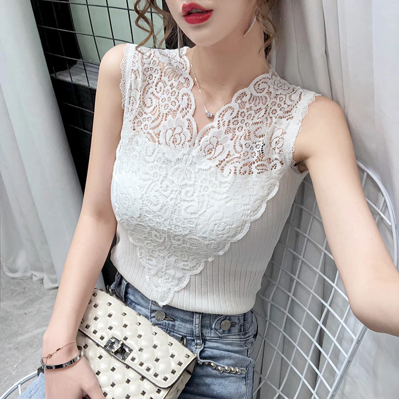 

Foreign Style Sexy Lace stitched knitted vest for women in summer, net red outside and bottomed inside, V-neck sleeveless top in