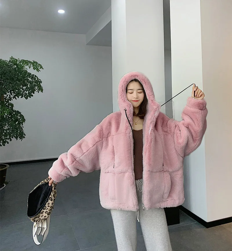 Faux Fur Coats Women Clothing Thick Winter Plus Size Loose Warm Outwear Imitation Mink Fleece Casual Leopard Hooded Jacket Parka