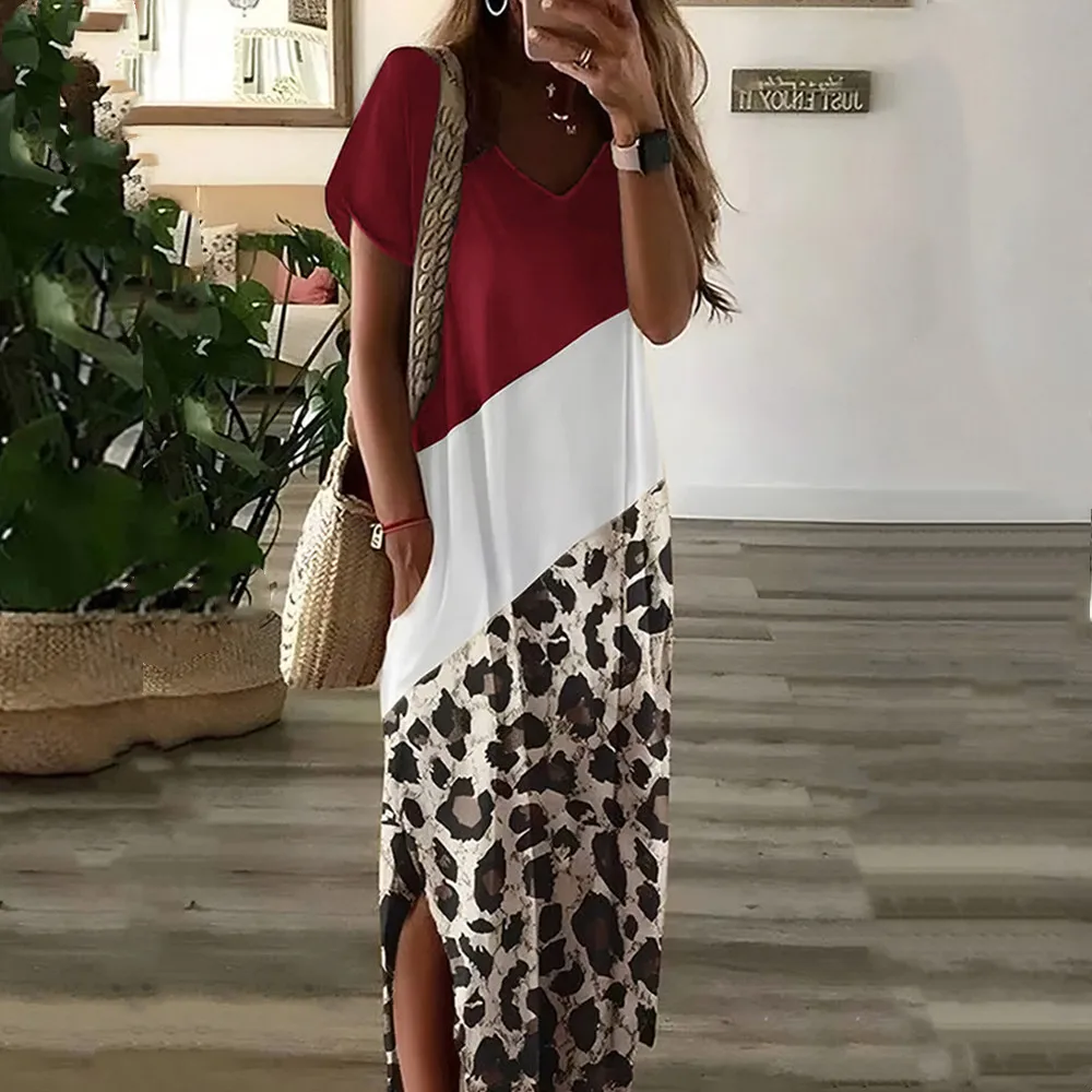 Женское платье макси с леопардовым принтом и круглым вырезом халаты женское Długie