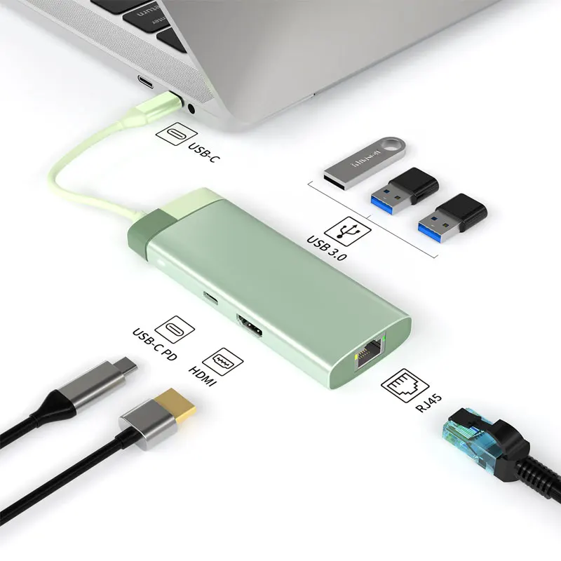 

6 In 1 USB C HUB To 4K 30HZ HDMI Adapter Dock With RJ45 100W PD Charge For MacBook Pro Tablet PC With Type C Laptop USB 3.0 HUB