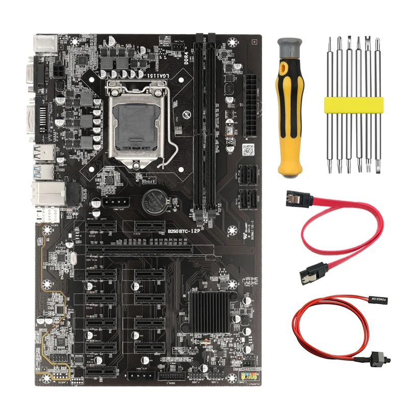 B250 BTC Mining Motherboard With Switch Cable+SATA Cable+Screwdriver 12 PCIE To USB3.0 Graphics Slot LGA1151 DDR4 SATA3