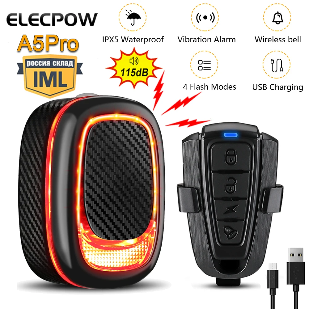 Elecpow-luz trasera inteligente para bicicleta, alarma antirrobo A5Pro, sensor de freno automático, carga USB, resistente al agua
