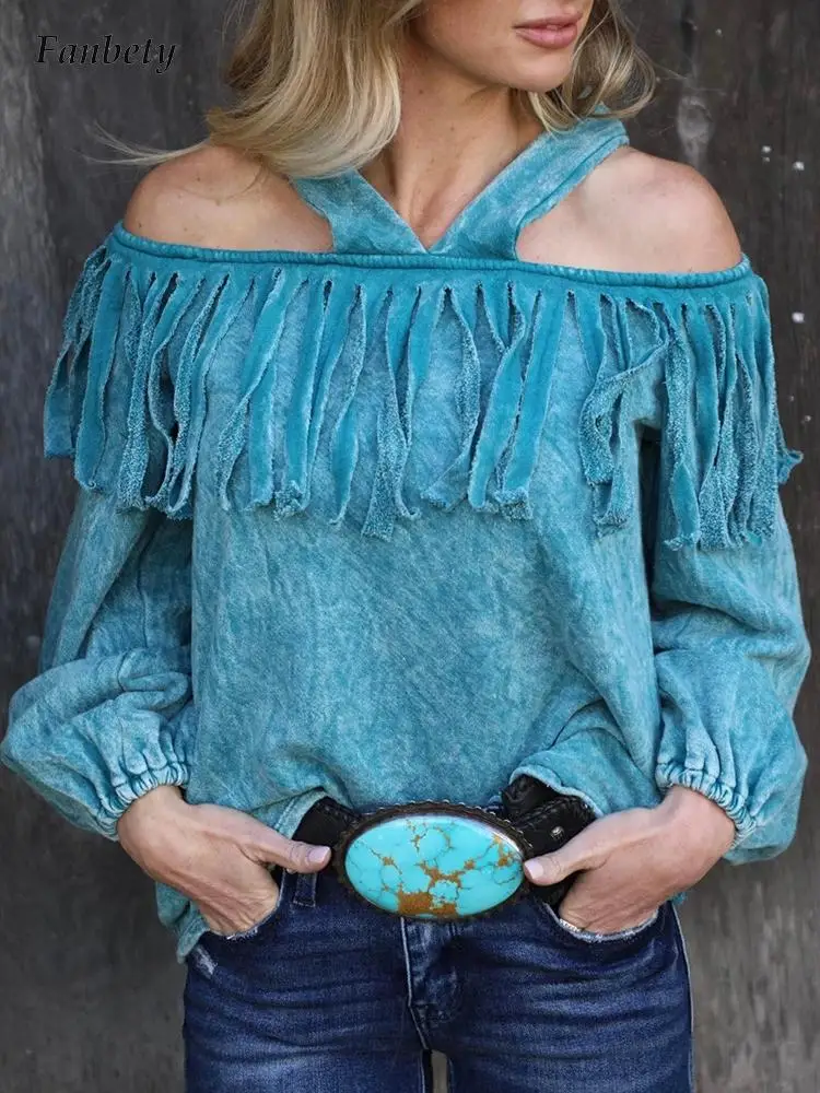 

Elegant Office Lady Commuter Pullover New Fringed Lantern Sleeve Top Women Fashion One-word Neck Off Shoulder Blouse Solid Blusa