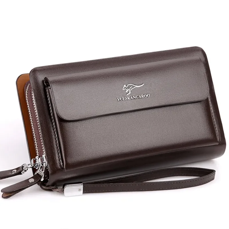 

Clutch Leather Men Double Bag Wallet Zipper Brand Male Bag Long Handy Business KANGAROO Black Fashion Purse Casual Brown