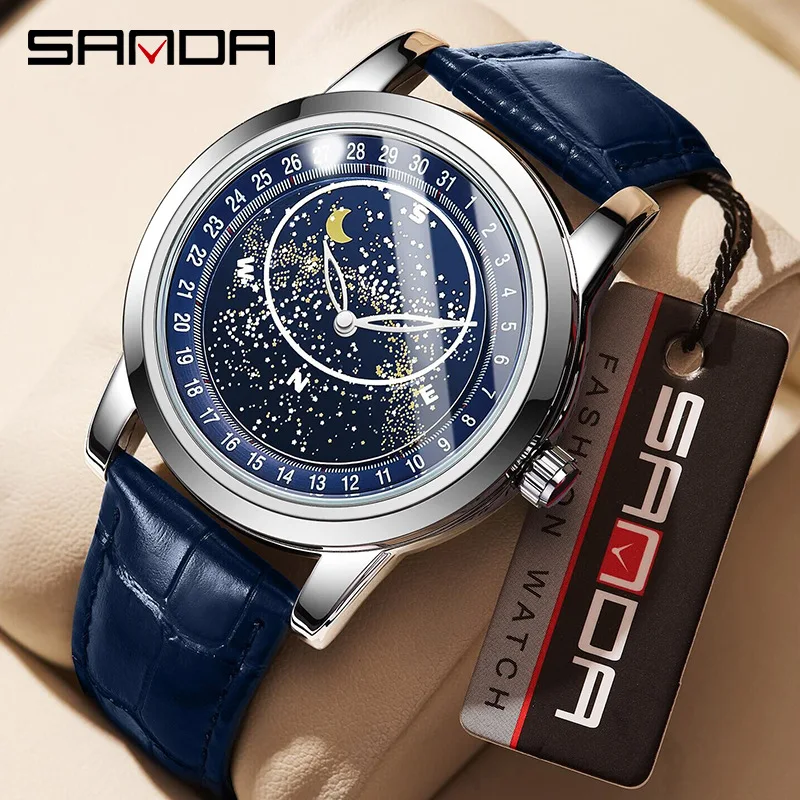 

Sanda 7002 Unique Rotating Dial New Design Water Resistant Quartz Movement Leather Strap Business Men Fashion Analog Wristwatch