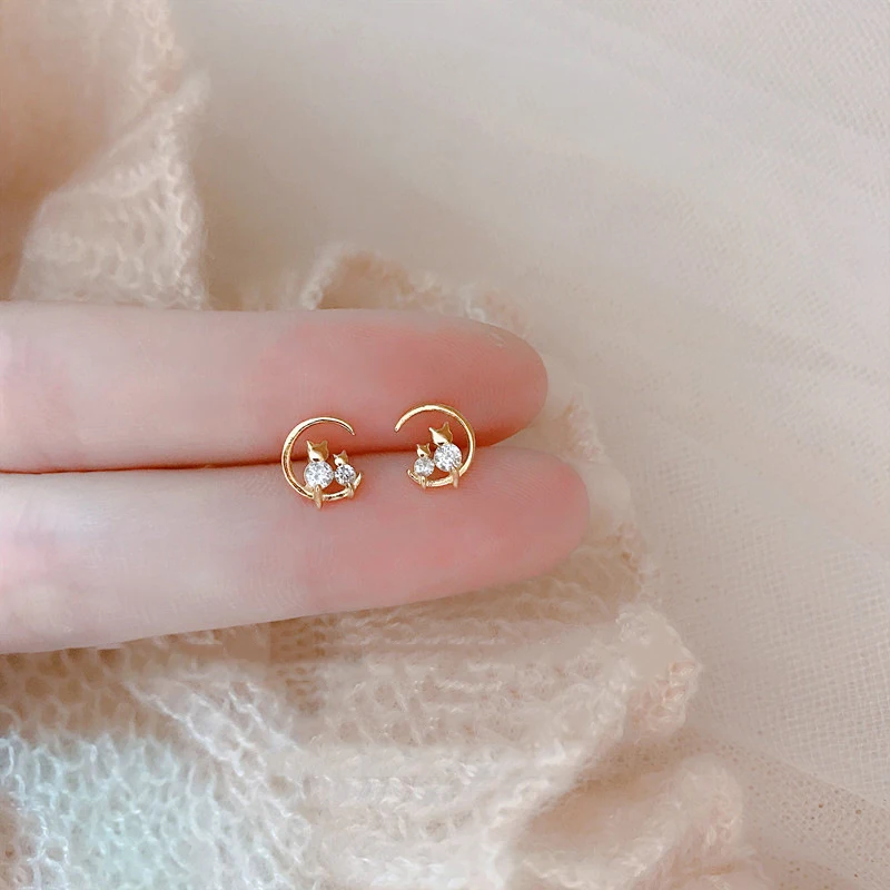 

Gold Silver Color Stud Earrings For Women Trend Zircon Cat Girls Earstuds Best Friends Female Korean Fashion Summer Jewelry