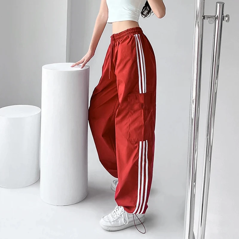 High Waist Drawstring Cargo Pant Wide Leg Joggers Trousers Striped Harajuku Baggy Parachute Pants Sweatpants Women Clothes Y2k