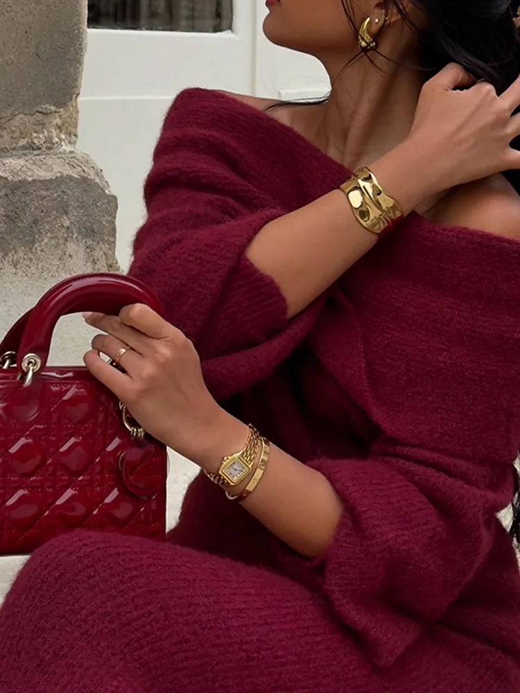 Модный винно-красный вязаный свитер с длинными рукавами элегантный мягкий