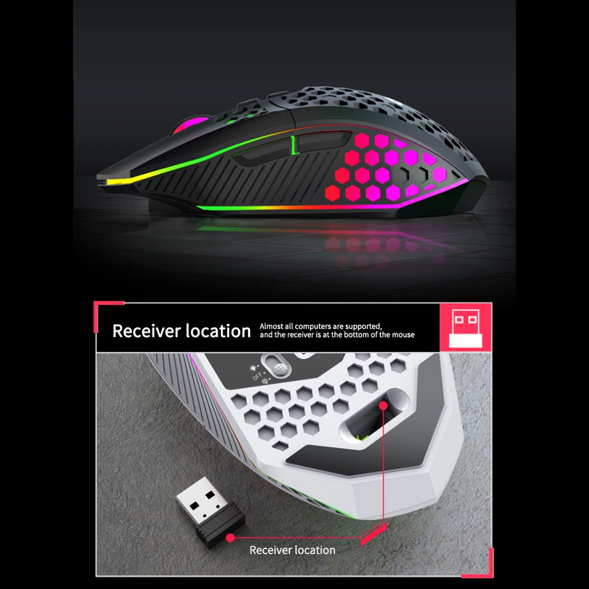 Фото Беспроводная игровая мышь HXSJ T500 rgb, перезаряжаемая офисная компьютерная мышь с отверстиями типа C, Бесшумная игровая беспроводная мышь 2,4 ГГц для настольного компьютера mac №5