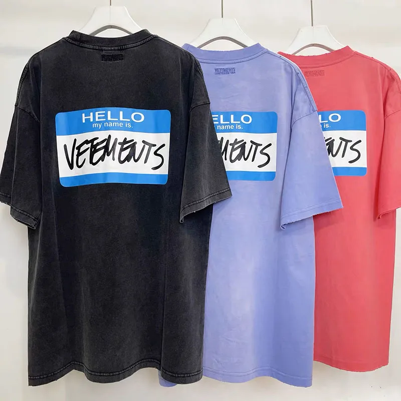 

VETEMENTS Washed Black T-shirts Pure Cotton 1:1 Oversized My Name Is Letter Logo Print Short Sleeves