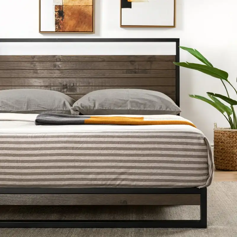 

Рама для кровати 37 дюймов с металлической и деревянной платформой и изголовьем кровати, серая стирка, двойная