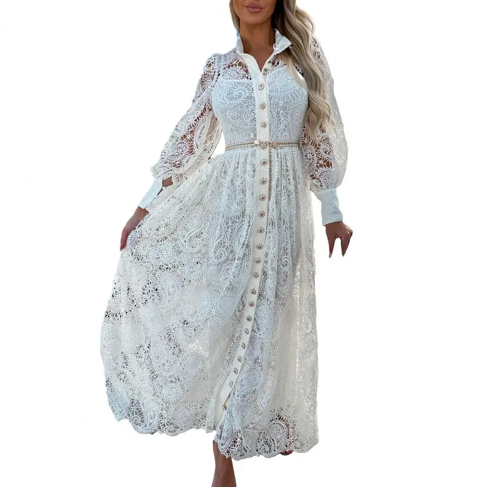 

Holiday Long Dress Women Shirt Dress Stunning Embroidered Lace Maxi Dress for Women Elegant Long Sleeve Hollow Out for Autumn
