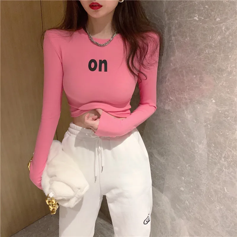 

Women Spring New Short Tops Ins Thin Letter Printing Long-sleeved Bottoming Shirt T-shirt Female Soild Sexy Short Tshirts Pink