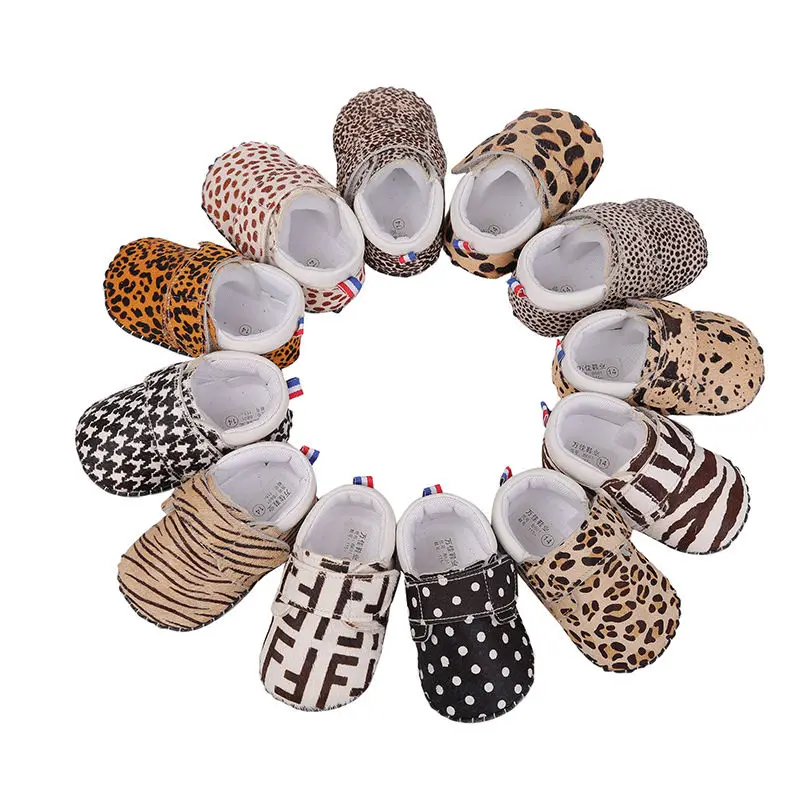 Genuine leather Baby Girls moccasins Horsehair Manual sewing Leopard print First walkers Soft sole cowhide newborn boys shoes