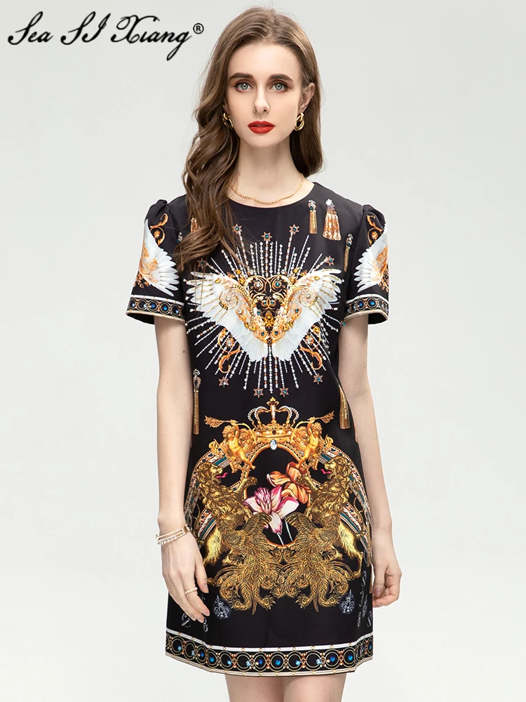 

Seasixiang Fashion Designer Spring Summer Dress Women O-Neck Short Sleeve Crystal Beading Print Elegant Party Mini Dresses