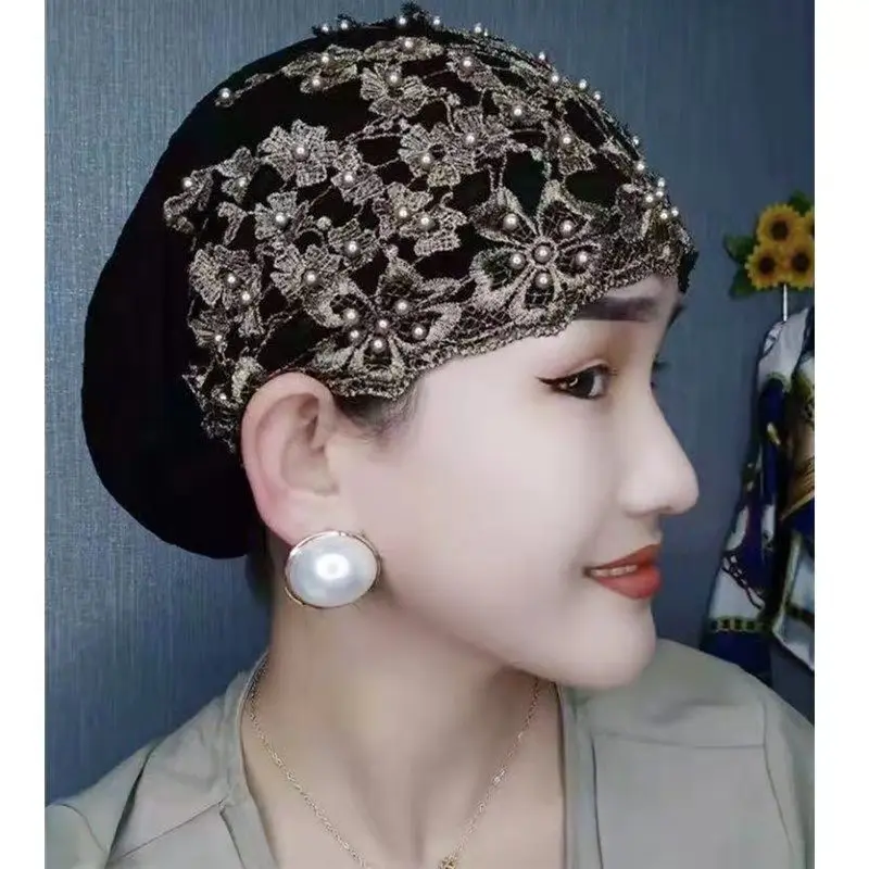 Muslim scarf Hat spring and autumn summer new mother's hat fashion nail bead cap Cap lace wrap cap hair covering cap female