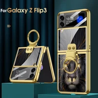 electroplate frame case for samsung galaxy z flip 3 5g case plating tempered glass hard glass ring stand cover
