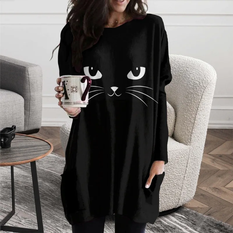 

Autumn Winter 2023 New Long Hoodless Sweatshirt 3D Printing Halloween Black Cat Pattern Top Korean Harajuku Y2K Goth Clothing
