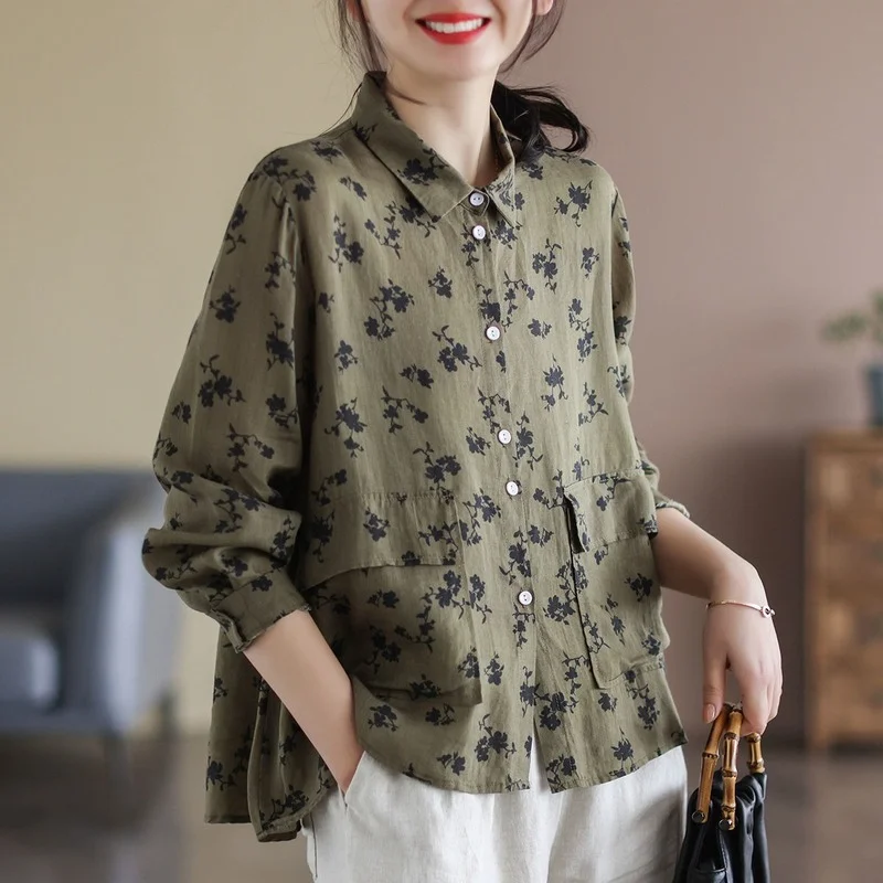 

Women Cotton Linen Casual Shirt New Arrival 2022 Spring Autumn Vintage Floral Print Loose Female Long Sleeve Shirts Tops E466