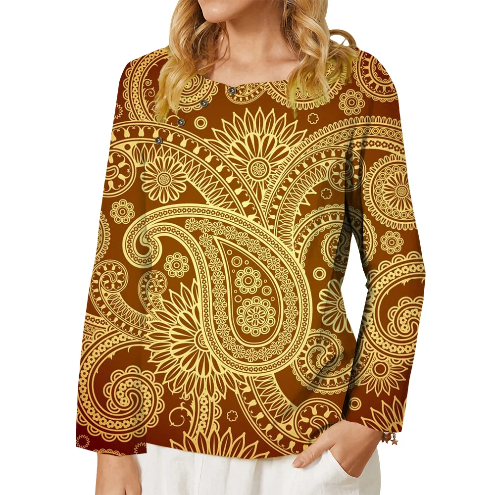 

CLOOCL Fashion Women T-shirt Ethnic Paisley Swirl Printed Shirt Button Decorate Long Sleeve Tee Oversized Blouse Women Clothing