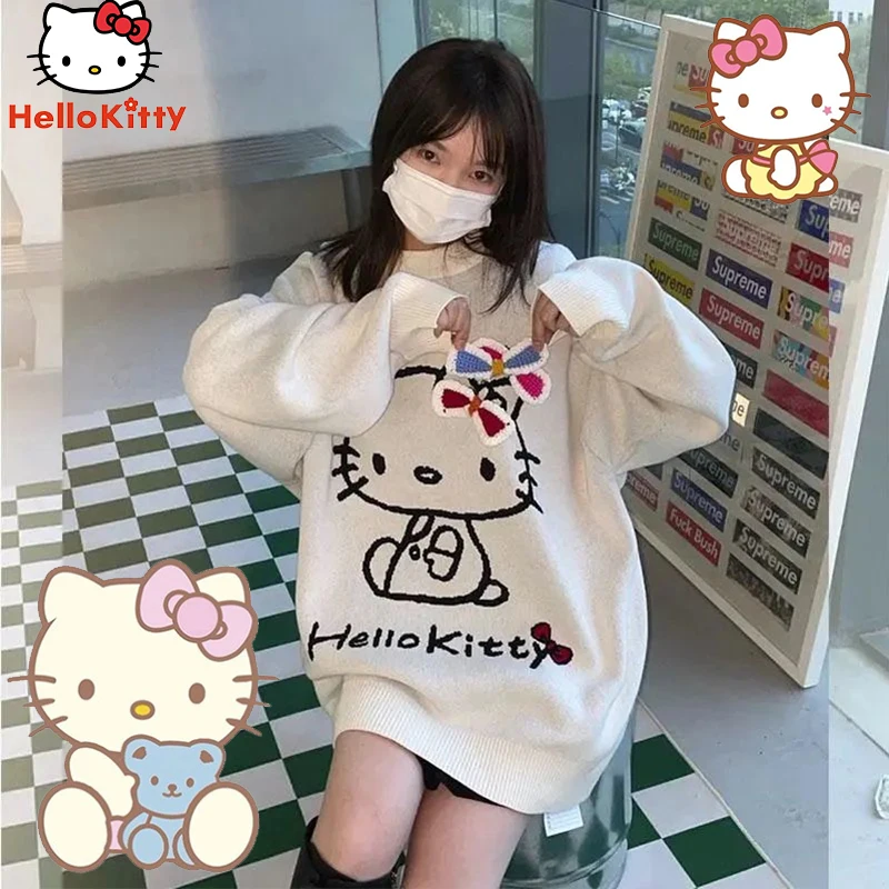 

Новинка 2022 свитер Hello Kittys Sanrios аниме кавайный плюшевый простой милый колледж с круглым вырезом вязаная вышивка Рождественский подарок