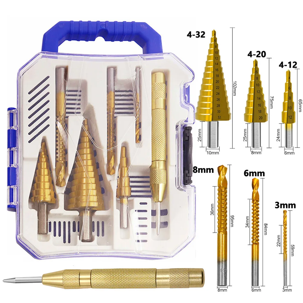 

7PCs HSS Step Drill Bit Sets Straight Groove Titanium Coated Cone Hole Cutter Automatic Center Punch Spiral Twist Saw Drill Bit