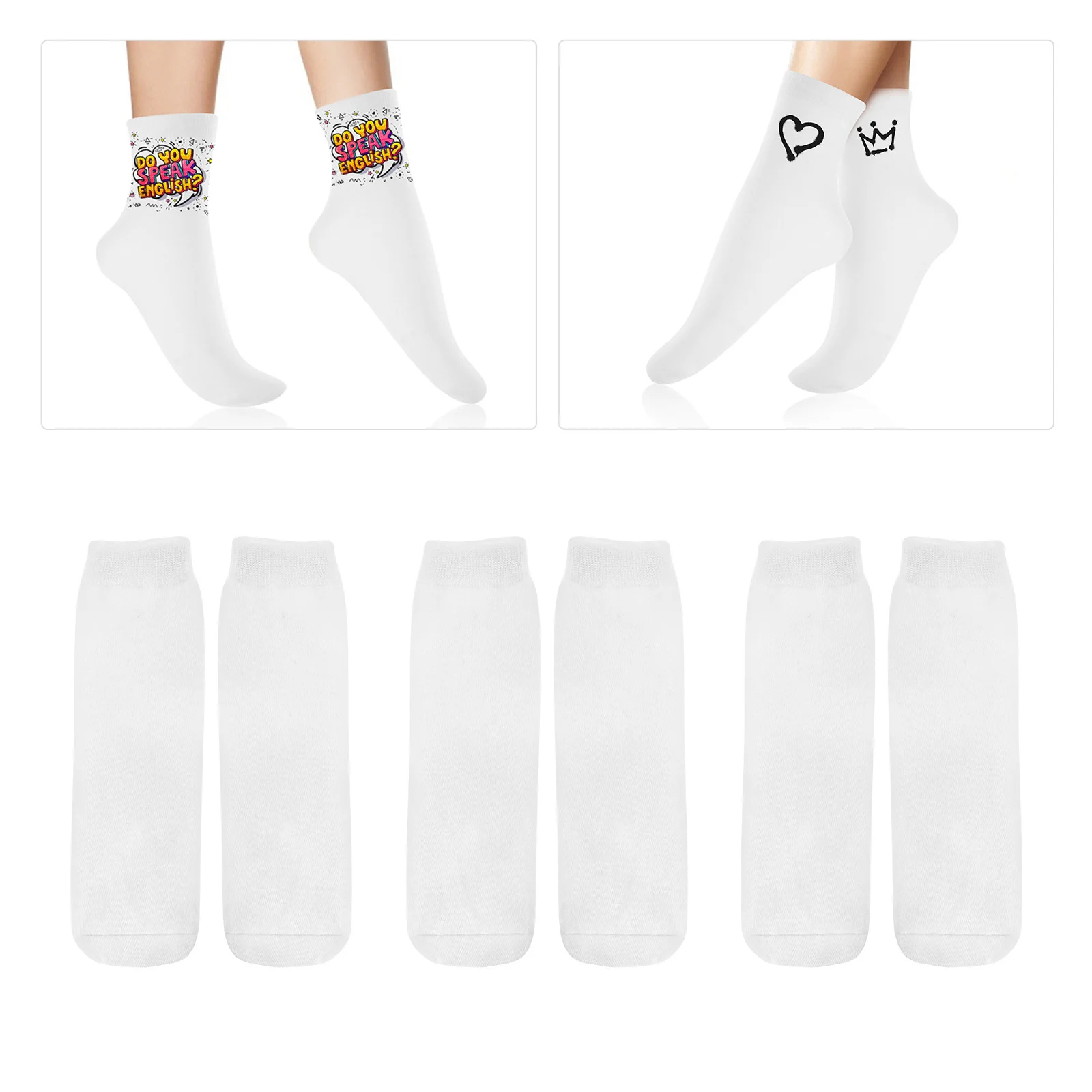

6 Pairs Socks DIY Blank Printable Athletic Crew Teen Sublimation Sports Dye Cotton
