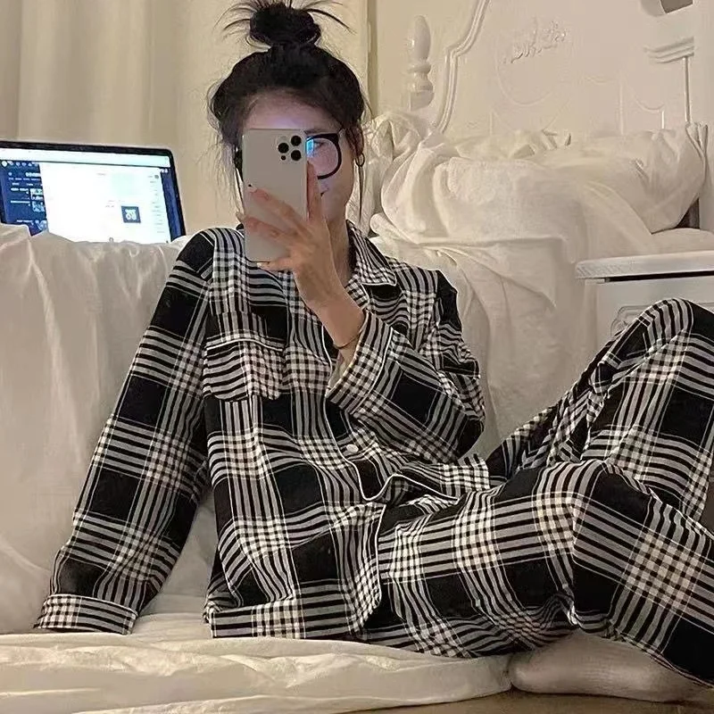 2022 New Sleepwear Women Spring Pajamas Set Plaid Long Sleeve Trousers Turn-Down Collar Pijama Female Loungewear Homewear