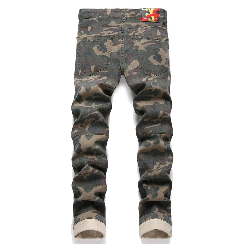 New Slim Fit Street Fashion Men's Jeans with Broken Holes, Folded Patches, and Mid Waist Camo Feet Pants