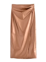 women trendy pu leather midi skirt solid color high waist zipper slim skinny pencil skirt for ladies streetwear sexy gold skirts