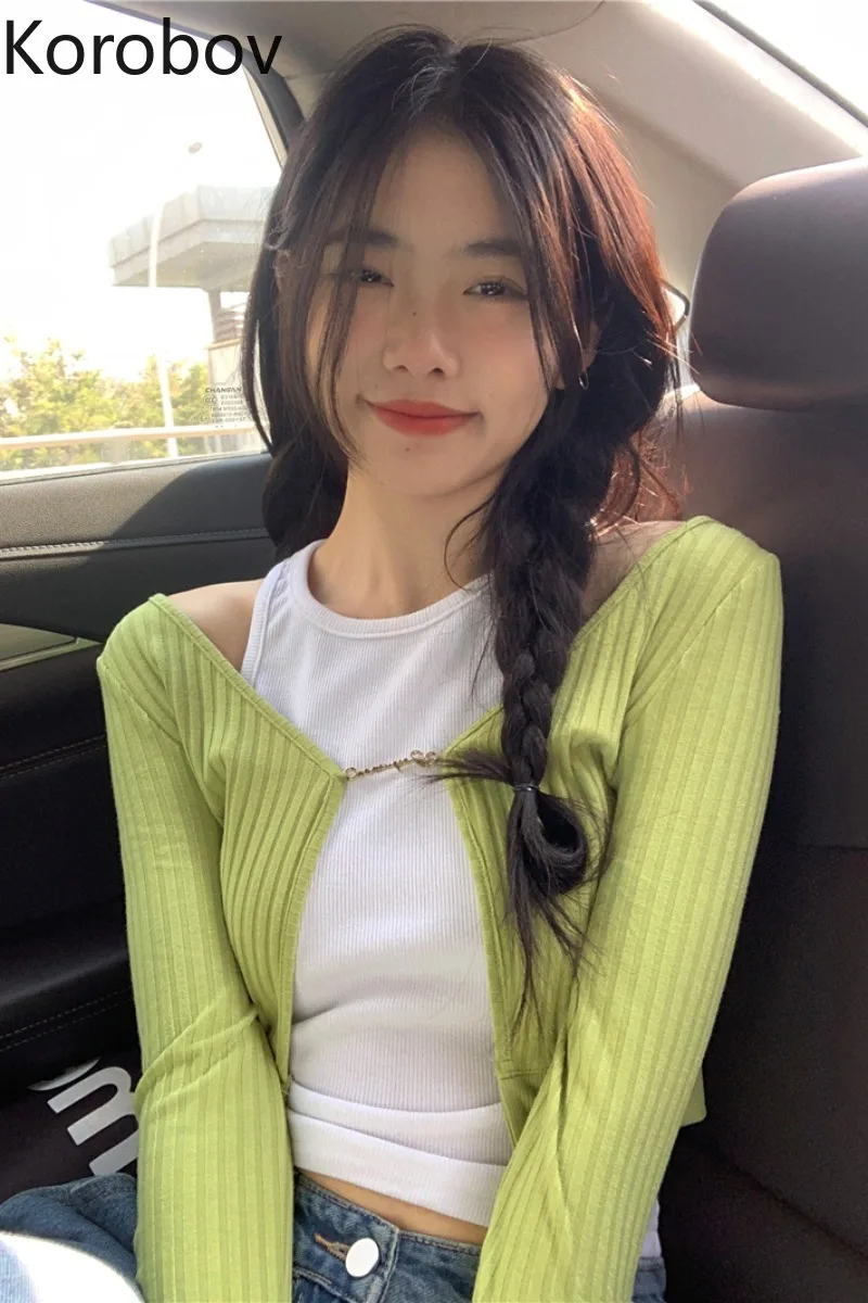 

Korobov Solid Color T-shirts Long Sleeves Knitting Crop Top Simple Temperament Cardigan Vest Two Piece Set Vintage Camisetas