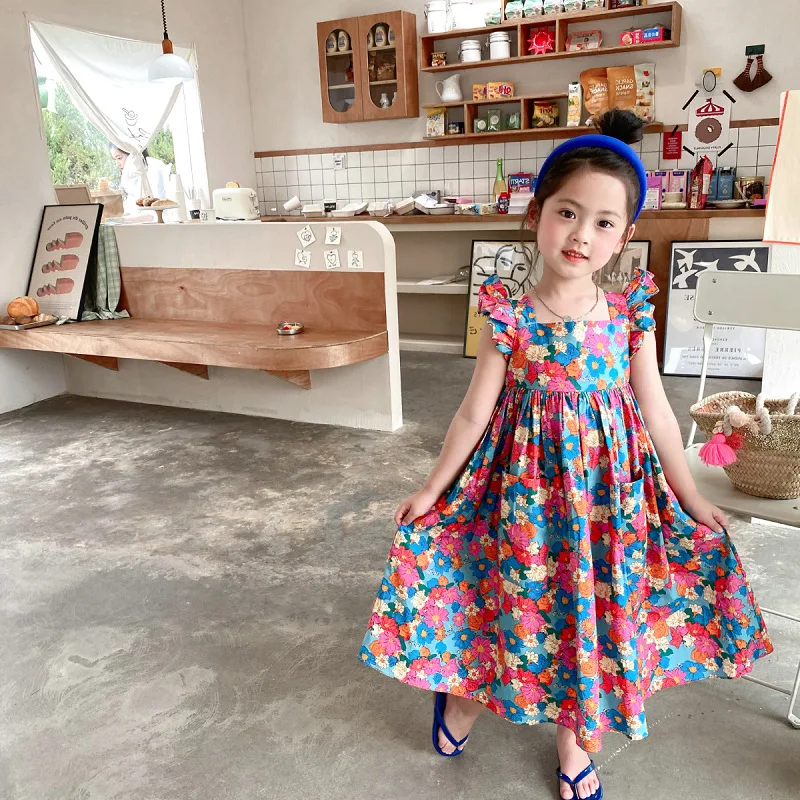 

Summer Girl Fashion Children Fly Sleeve Cotton Princess Dress Baby Flower Print Sleeveless Casual Party Dresses Toddler Outfits