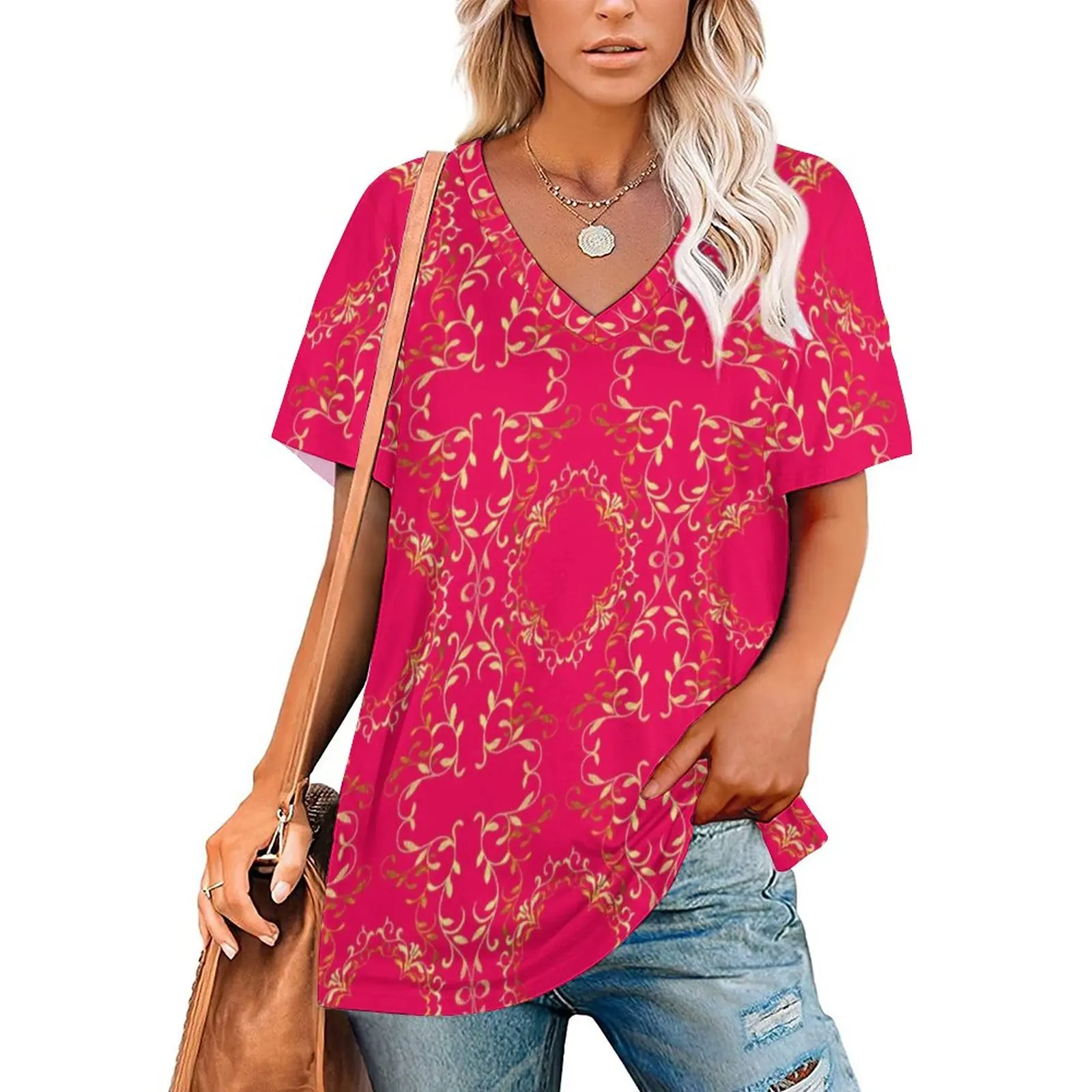

Gold Baroque T-Shirts Floral Print V Neck Casual Oversized T-Shirt Short Sleeve Female Aesthetic Tshirt Sexy Printed Clothing