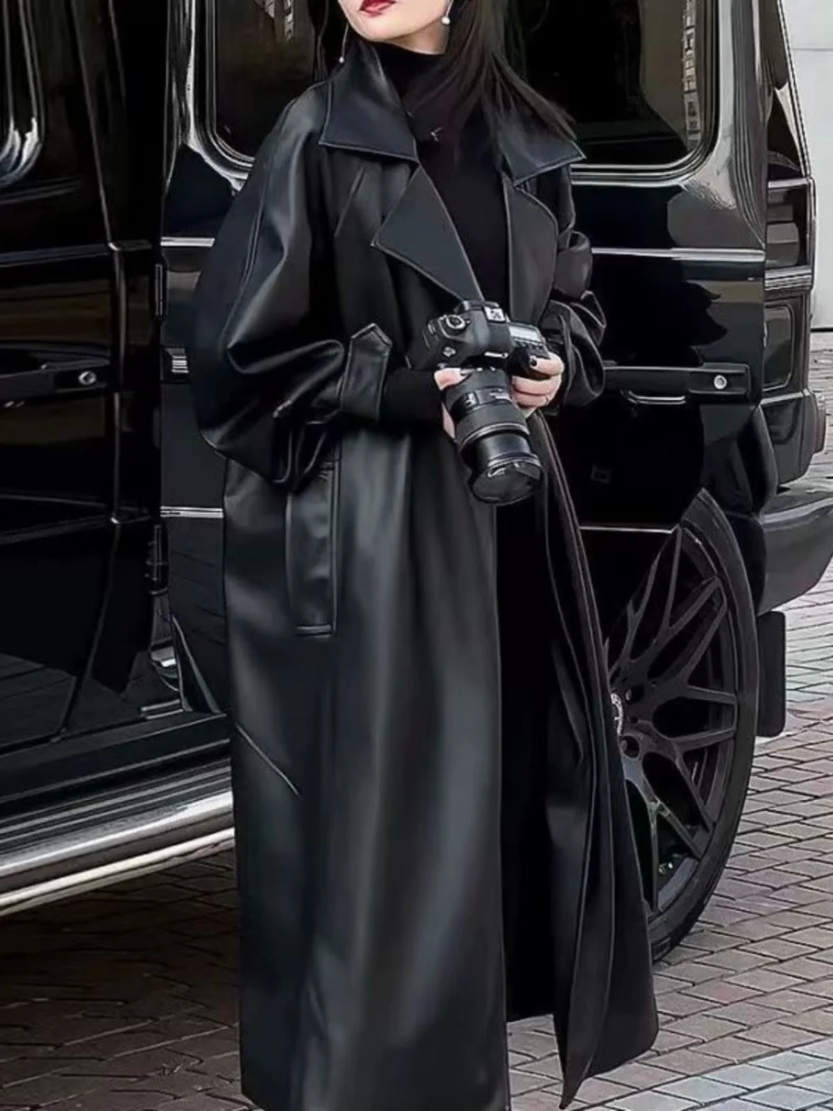 British Sle Black PU Leather Coat Women 2024 New Spring and Autumn Mid-Length Elegant High Sense Loose over the Knee Outerwear