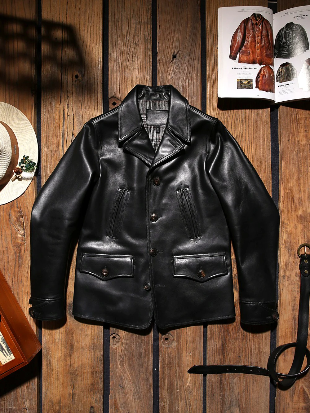 

Amei recreates Frewh*rs Italian cowhide midi leather men's dispatcher jacket