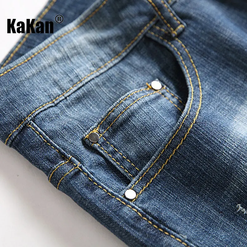 Kakan - European and American New Blue Distressed Jeans for Men's Wear, Worn Out Washed Casual Straight Stretch Long Jeans36-552
