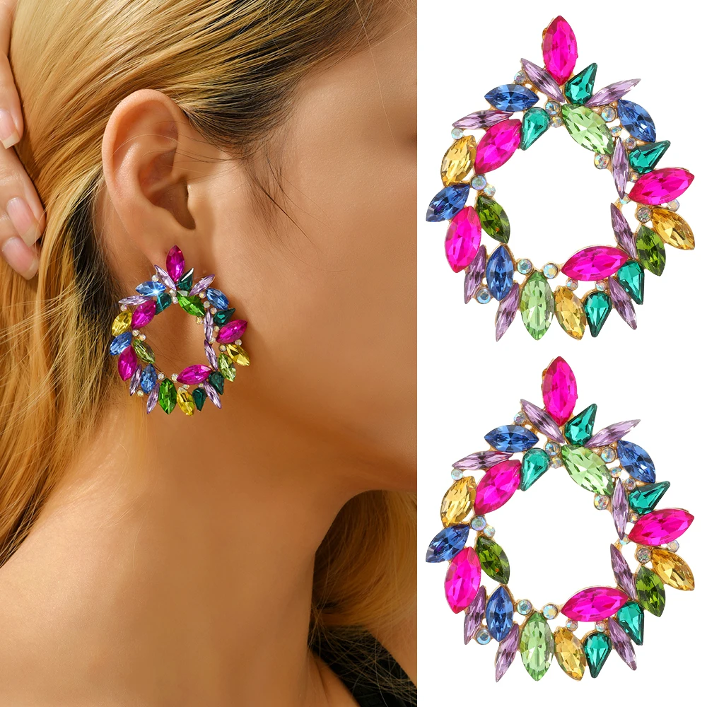 

Fashion Colorful Sparkly Crystal Big Stud Earrings Boho Luxury Quality Unusual Party Round Jewelry Ear Accessories For Women