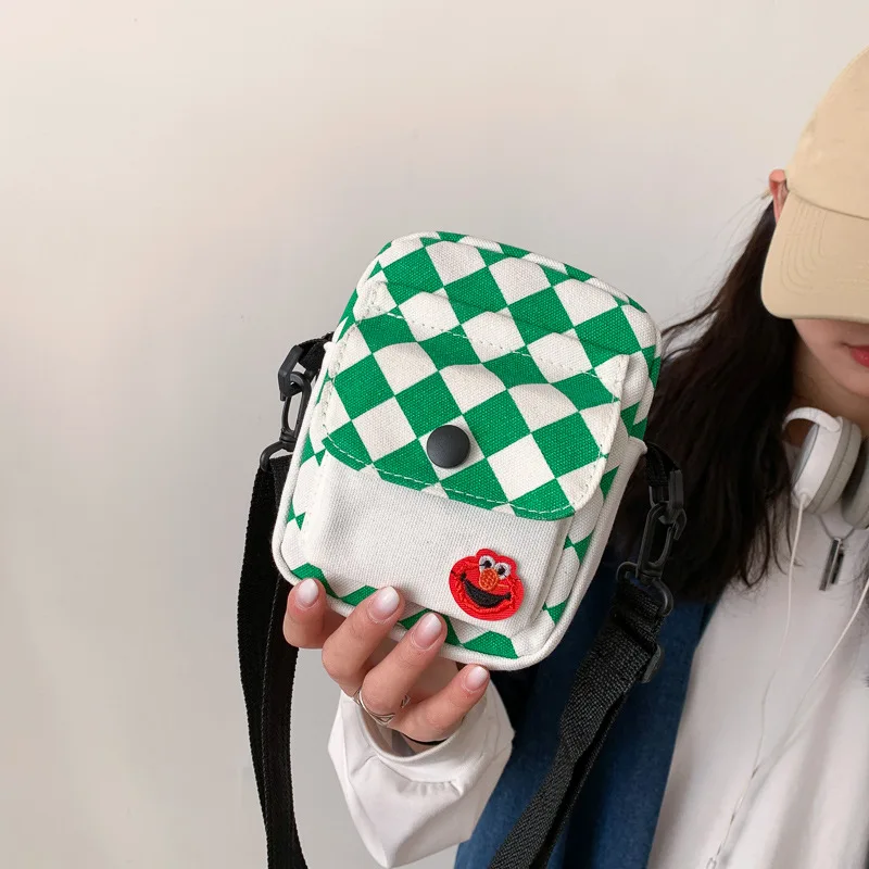 

2022 New Canvas Bag Ins Plaid Contrast Color Shoulder Small Square Bag Trendy Cute Simple All-Match Harajuku Crossbody Bag