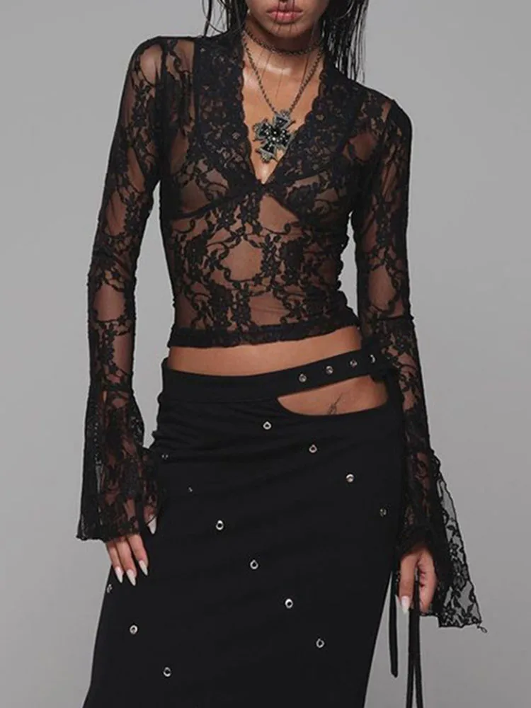 

Apprabant Women Clothing Flare Sleeve Short Tops Lace See Through Low Bust Apear Thin Slim Fit T-shirt Spice Girls Street Style