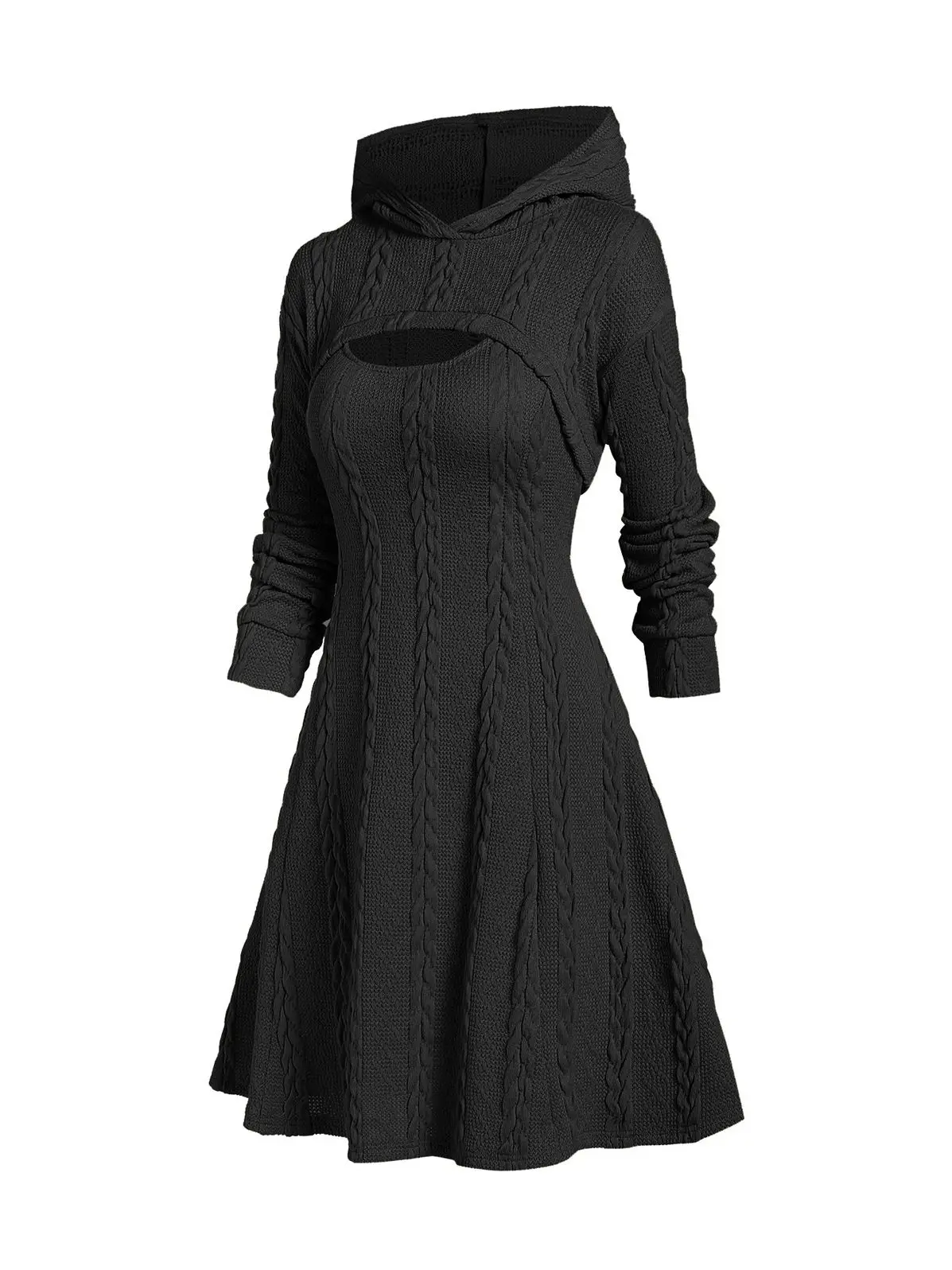 

Autumn Sweater Hooded Dress Cable Knit Warmer Sweater and Mini Dress Set Long Sleeve Solid Color A Line Mini Dress for Winter