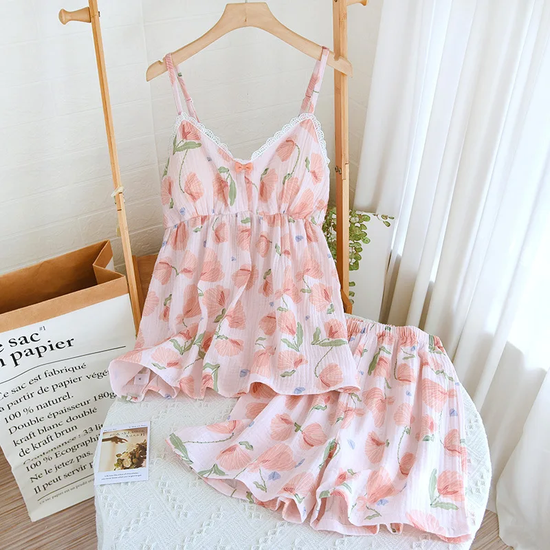 

Summer Suspender Pajamas Chest Pad Flower Short Wrinkled Double-layer Yarn Cotton Home Clothes Sleeveless Loungewear Women