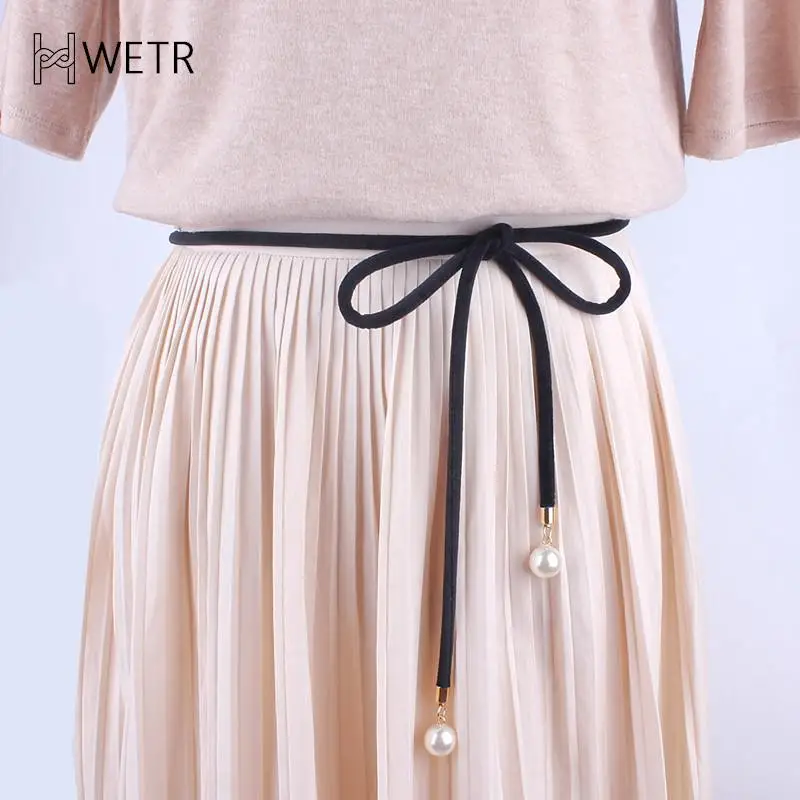 

Solid Fashion Women Tassel Knot Belt Vintage Pearl Waist Rope Fringed Waistband Girdle For Dress Female Thin Srting Femee Black