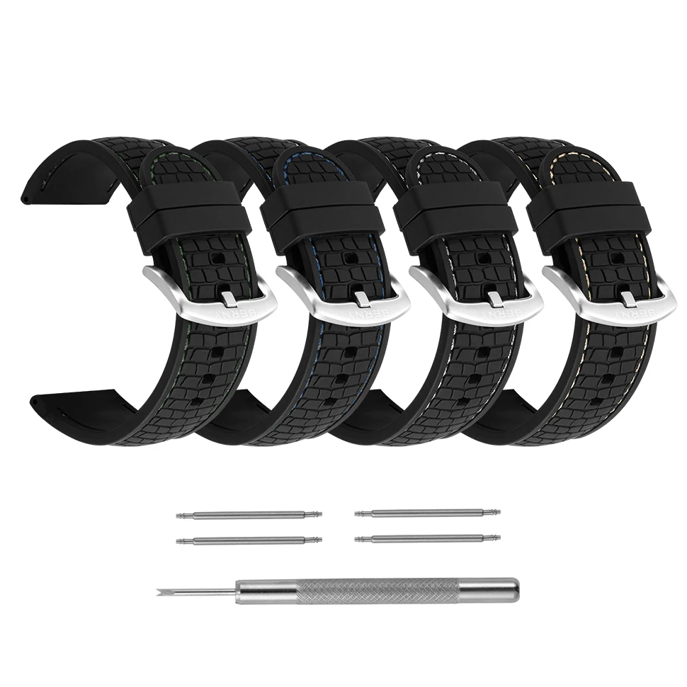 BERNY Silicone Strap Watchbands 20/22mm Black Tyre Pattern Softy Silicone Watch replace Band Skin Breathable Watch Accessories