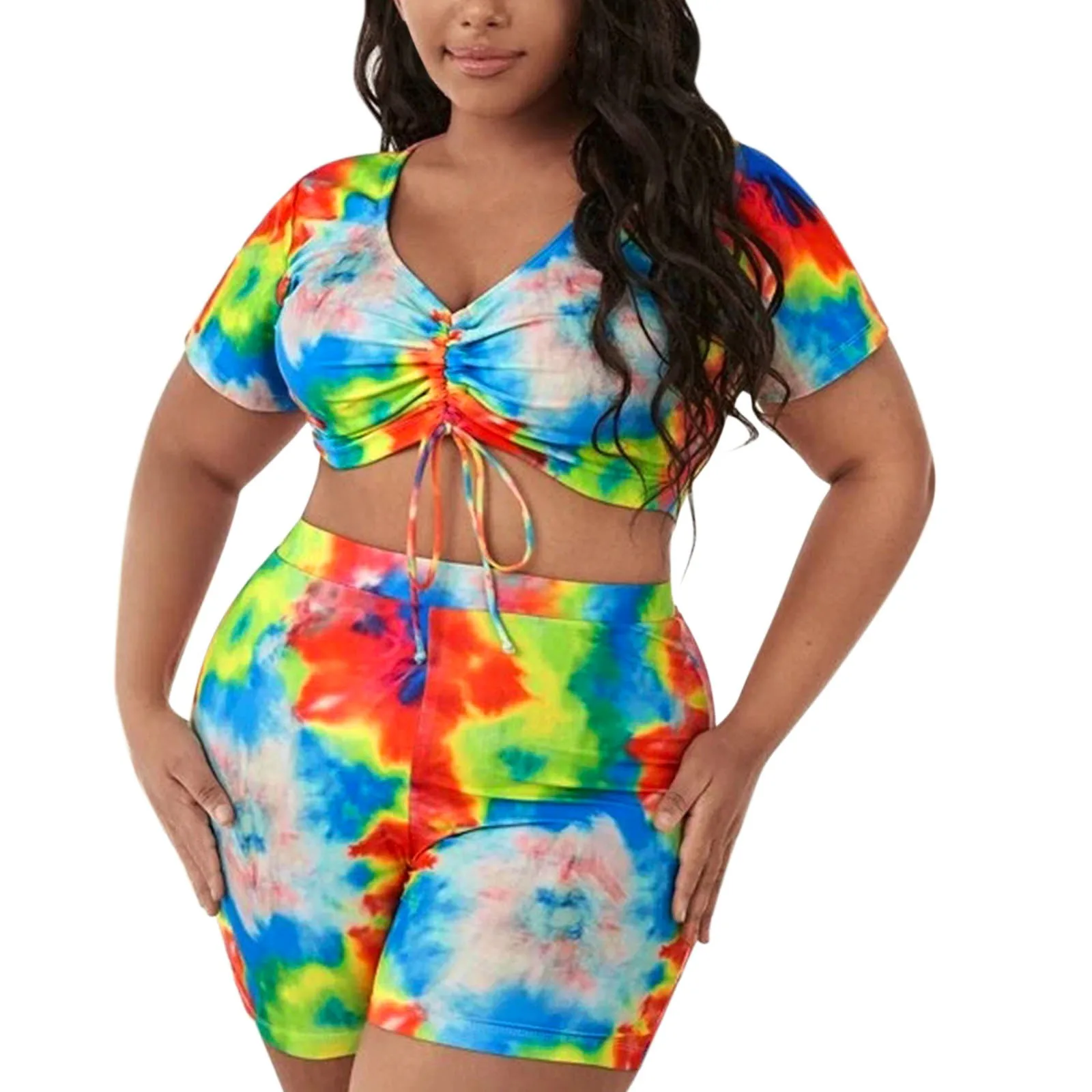 

Split Size Tie-Dye Women's Waist Short Swimsuit High Sleeve Drawstring Tankini Swimwears Tankinis Set Boys Pool Cover up