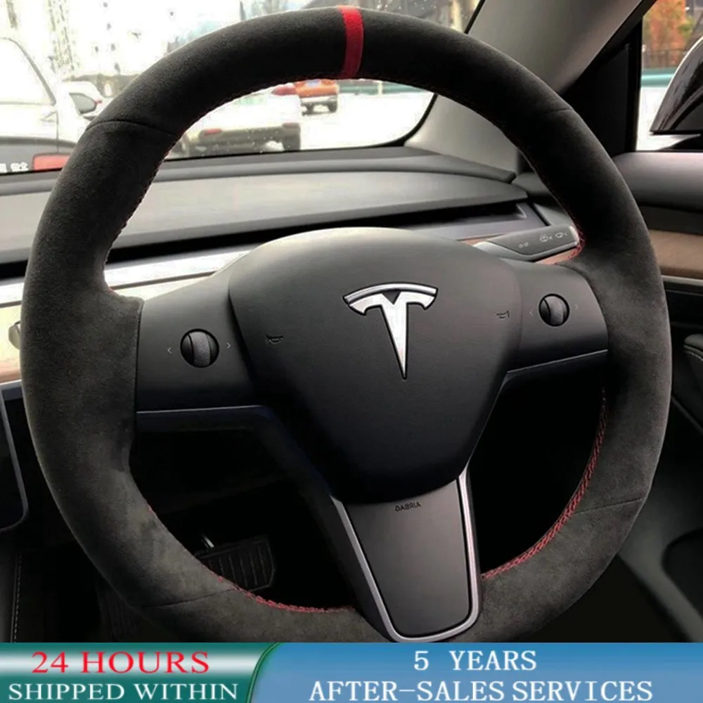 

Оплетка чехол рулевого колеса автомобиля Ручное шитье противоскользящая замша натуральная кожа для Tesla модель 3 Y 2017-2023 автомобильные аксессуары