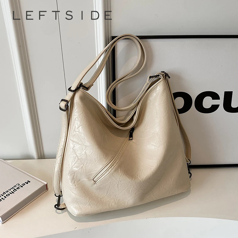 

LEFTSIDE Zipper Design PU Leather Shoulder Bag for Women 2023 New Silver Winter Fashion Trend Female Handbags Retro Tote Bags