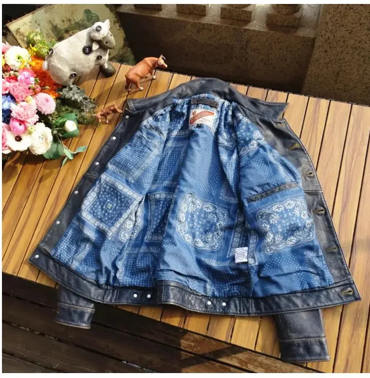 Бесплатная доставка. Весеннее винтажное кожаное пальто цвета индиго в 101 стиле.