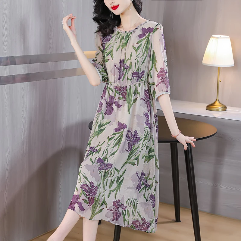 

Женское шелковое платье с принтом, универсальное свободное повседневное праздничное платье с круглым вырезом и рукавом 2023, лето 5/4