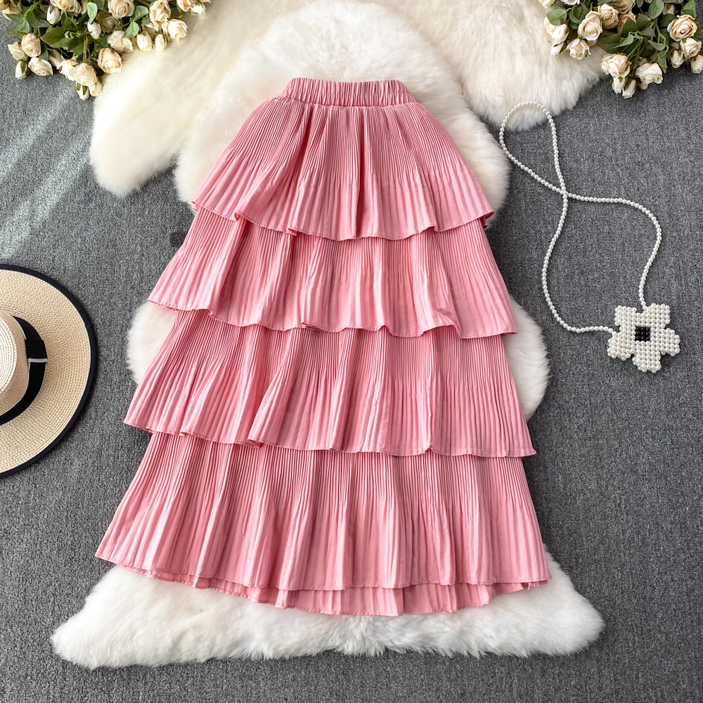 Женская юбка с оборками розовое плиссированное платье-трапеция до колена